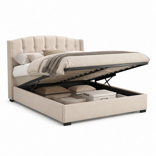 Letto matrimoniale contenitore 160 × 200 cm in poliestere beige con testiera imbottita e rete a doghe
