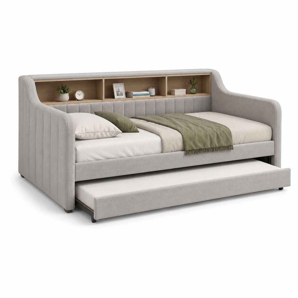 Divano letto singolo in tessuto con letto estraibile e libreria, grigio chiaro e rovere naturale, 215 × 105 × 110 cm