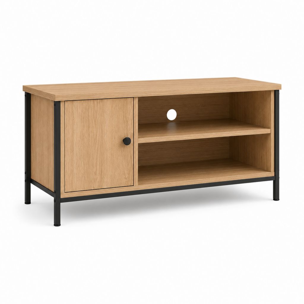 Mobile porta TV rettangolare in pannello truciolare effetto rovere e acciaio nero con anta e 2 vani, 100 x 40 x 60 cm