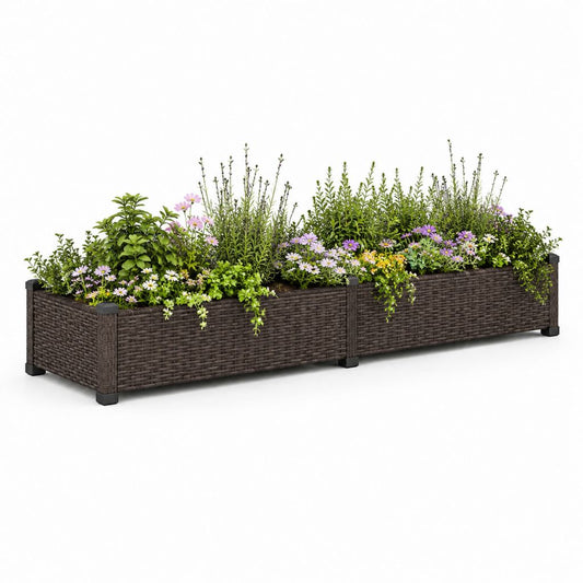 Composizione di 3 fioriere rialzate da esterno in polyrattan PE e metallo, marrone scuro, 40 × 40 × 40 cm ciascuna, dimensioni totali 120 × 40 × 40 cm