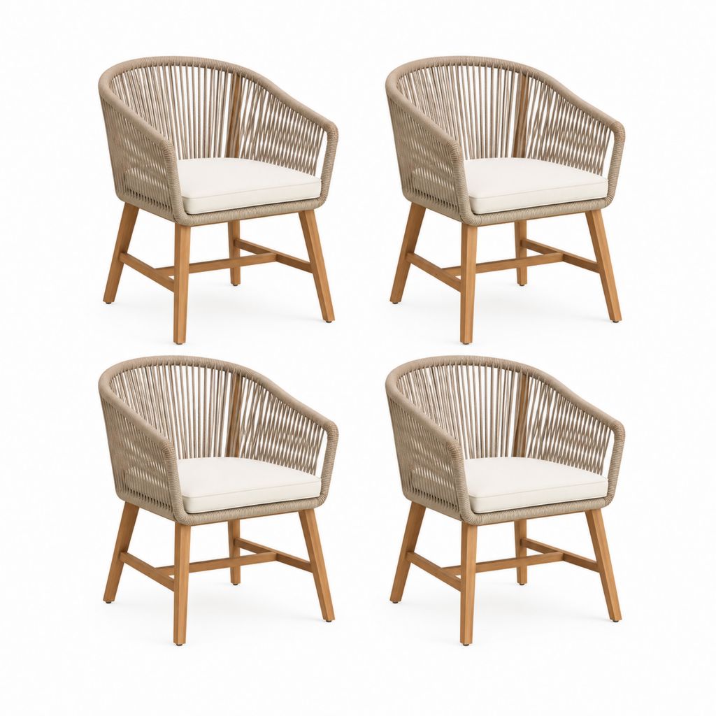Set di 4 sedie da giardino con braccioli beige, schienale curvo in corda PE e gambe in legno massello di acacia, 59 x 61 x 82 cm