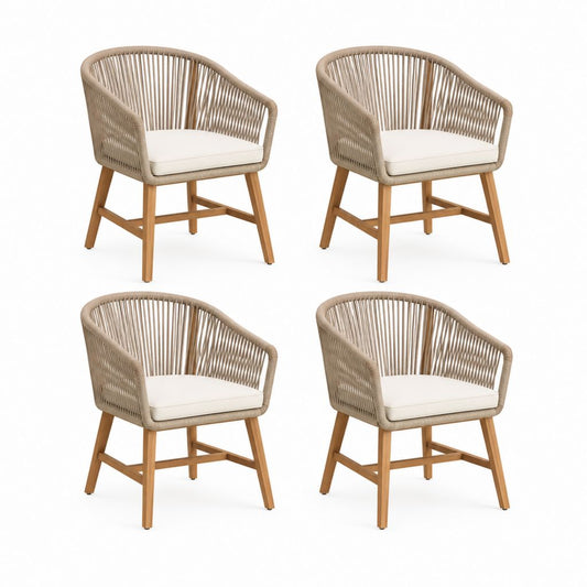 Set di 4 sedie da giardino con braccioli beige, schienale curvo in corda PE e gambe in legno massello di acacia, 59 x 61 x 82 cm