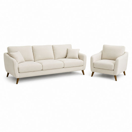 Set divano 3 posti e poltrona avorio in poliestere con gambe in legno massello, 210 x 88 x 86 cm e 88 x 85 x 86 cm
