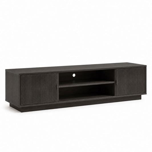 Mobile porta TV basso in MDF e pannello truciolare melaminico marrone scuro e nero, 180 x 40 x 55 cm, con 2 ante e 2 vani aperti