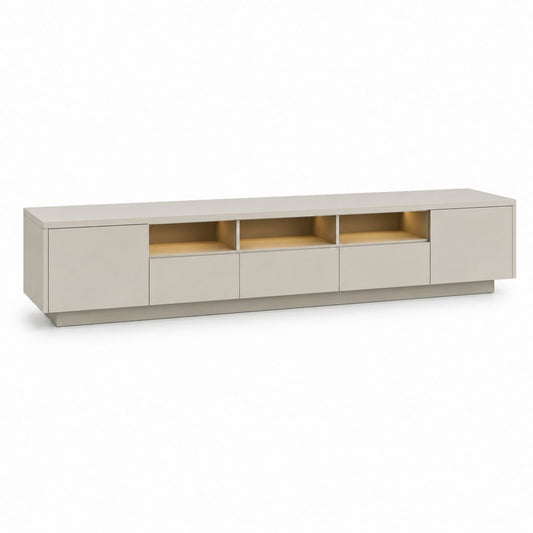 Mobile TV basso in MDF tortora con 2 ante, 3 cassetti, 3 vani e illuminazione LED, 240 x 40 x 55 cm