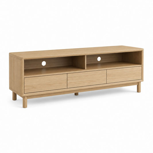 Mobile TV basso rettangolare in MDF impiallacciato rovere naturale con 3 cassetti e 2 vani aperti, 150 x 40 x 58 cm